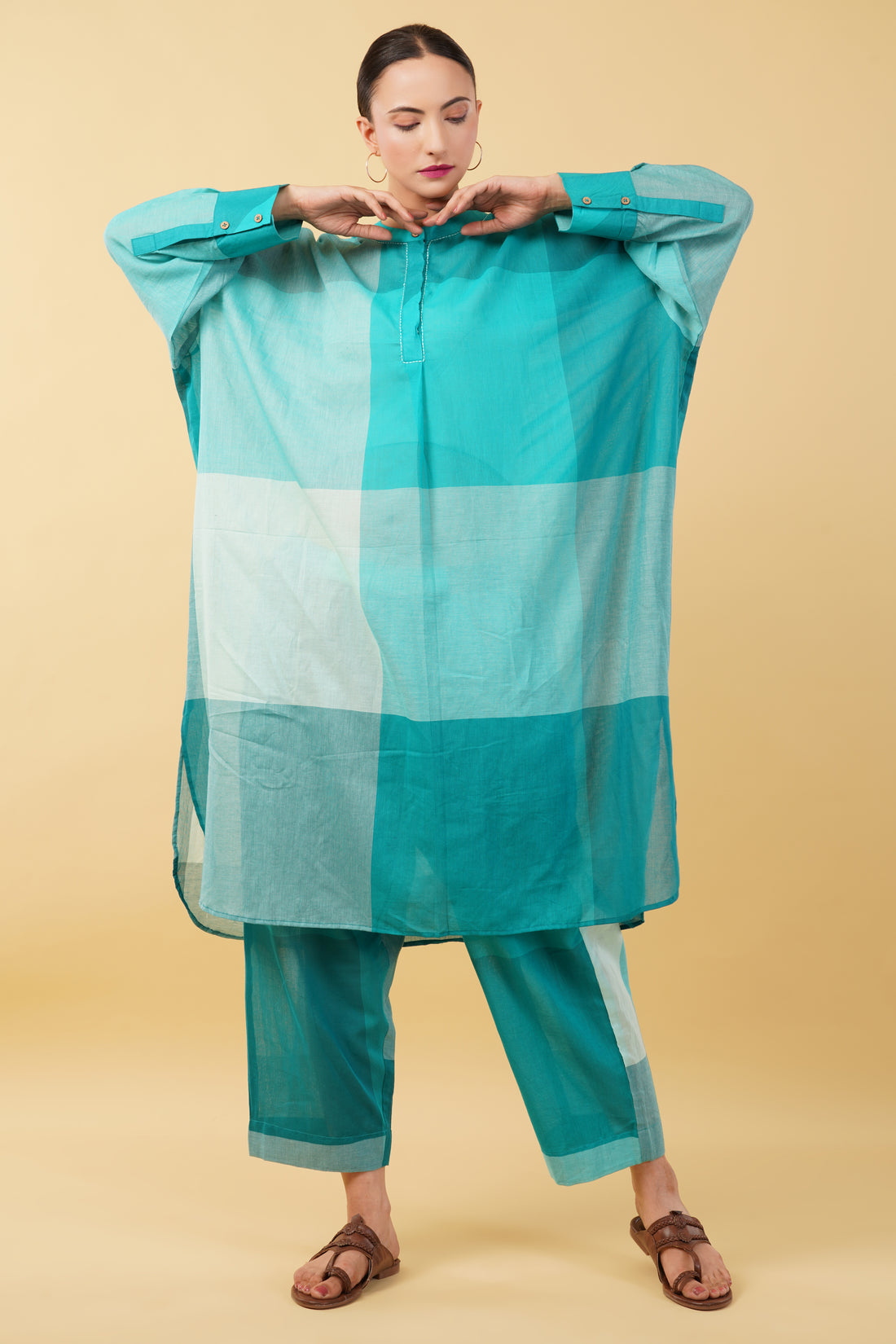 Teal Blue Checkered Cotton Cambric Kurta Set