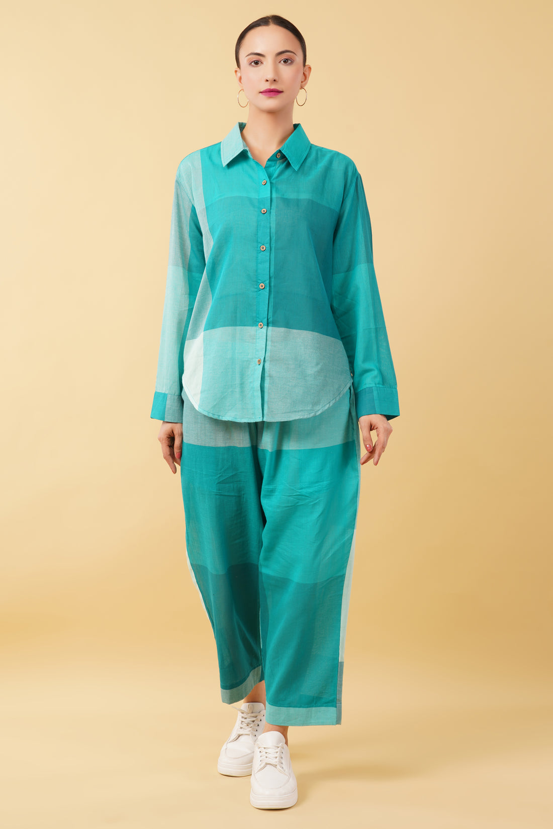 Teal Blue Checkered Cotton Cambric Oversize Shirt