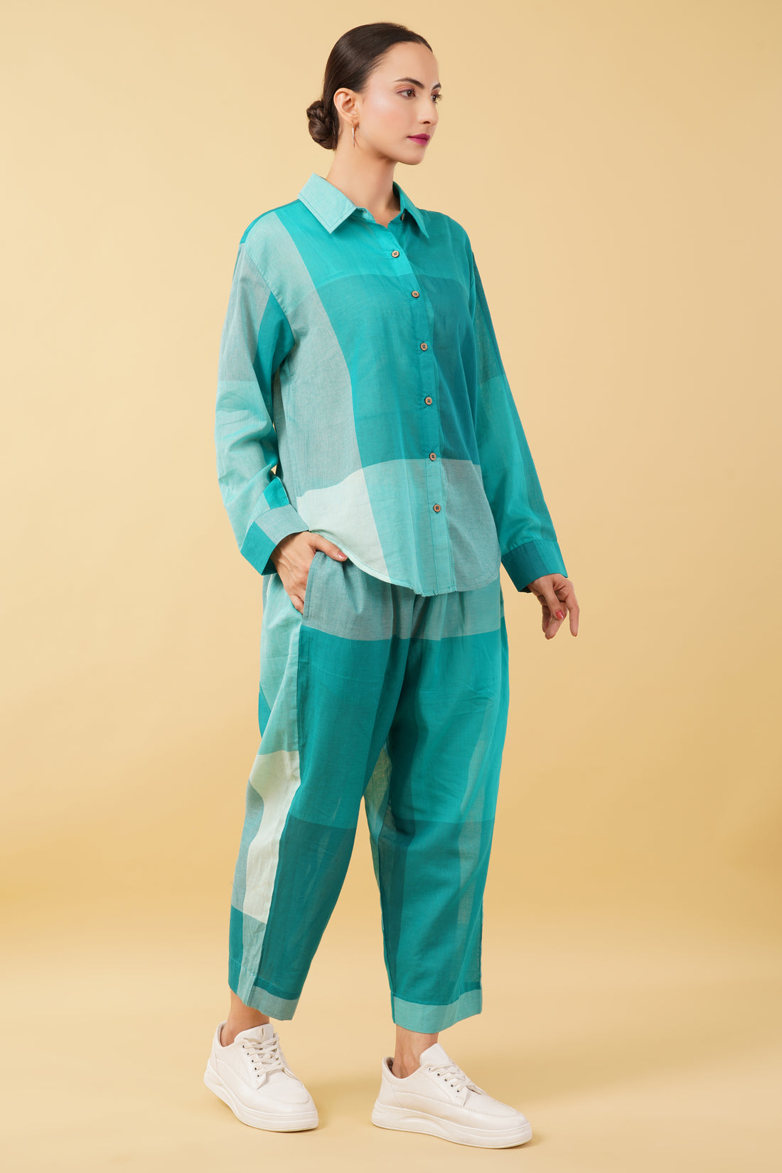 Teal Blue Checkered Cotton Cambric Oversize Shirt
