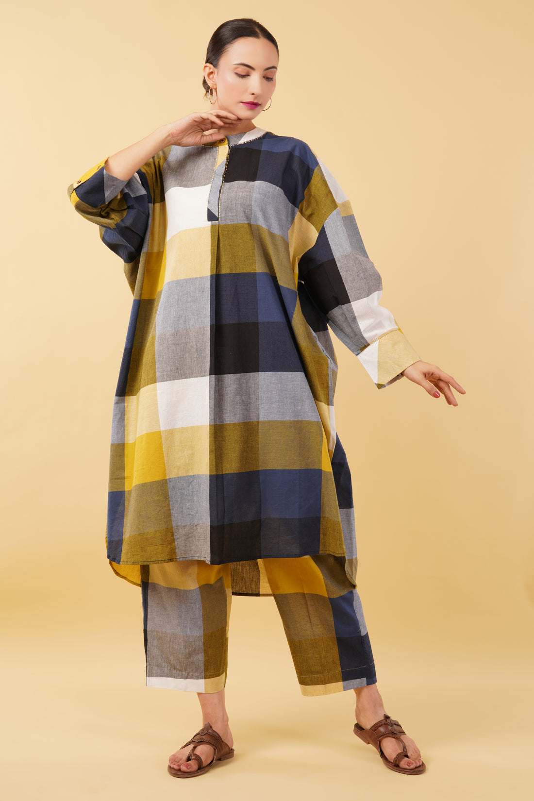 Multicolor Checkered Handloom Cotton Kurta with Pants - Set of 2