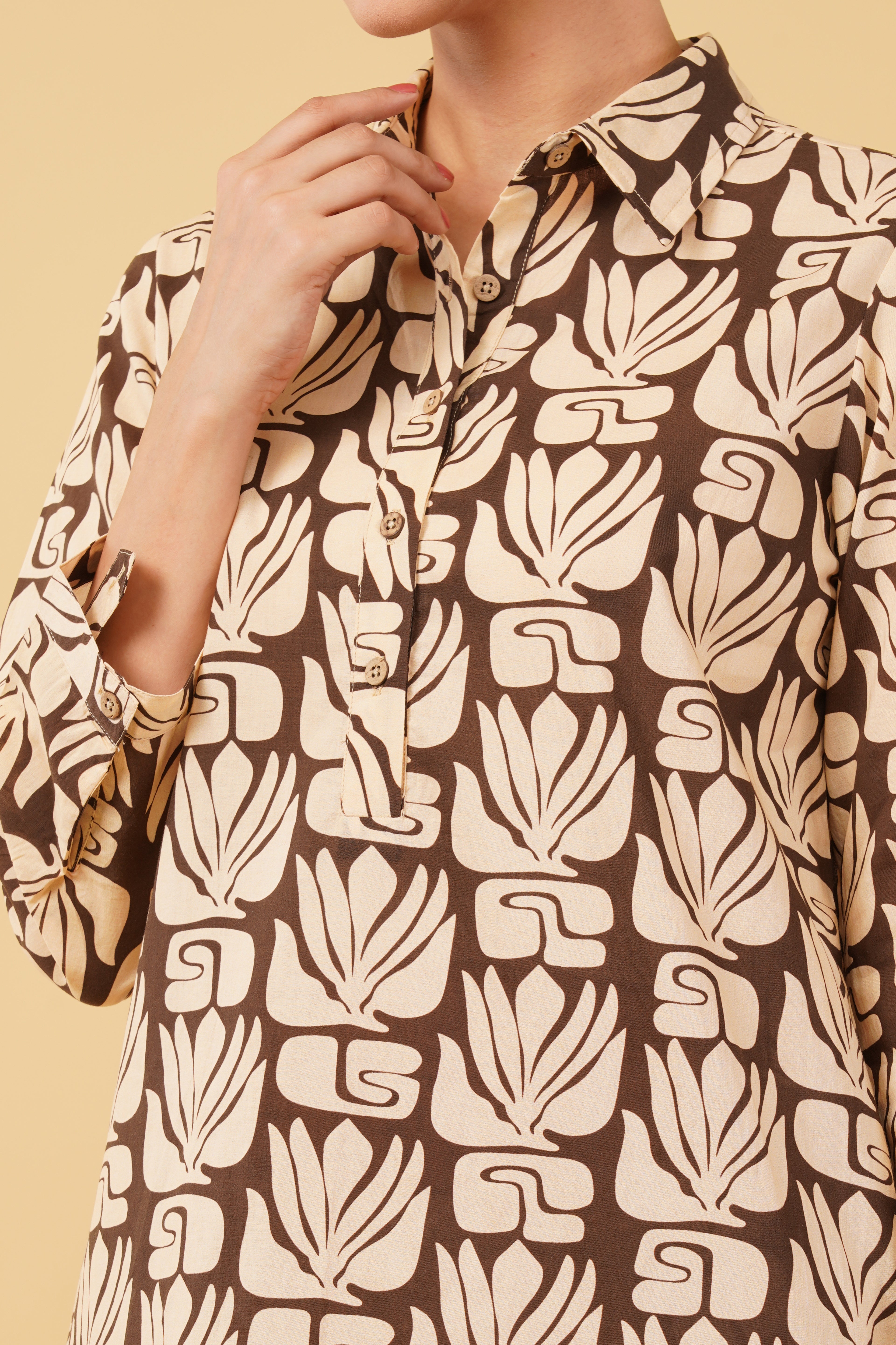 Beige Brown Printed Cotton Cambric Shirt Dress