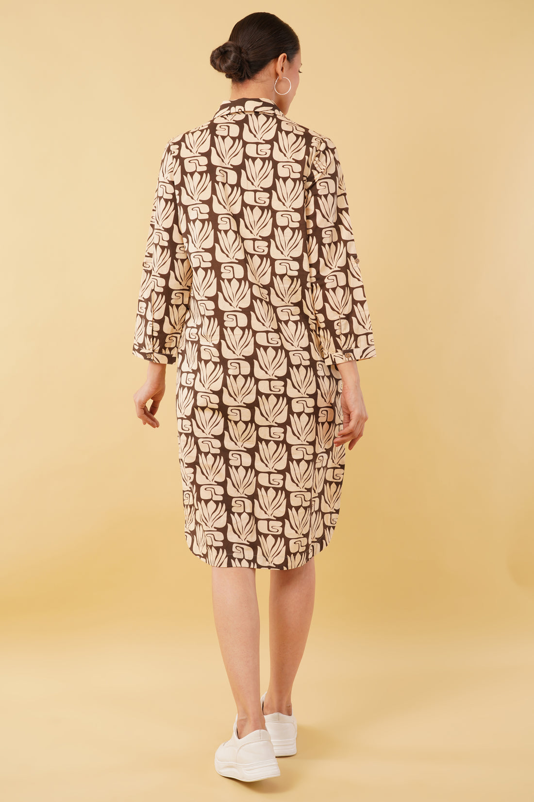 Beige Brown Printed Cotton Cambric Shirt Dress