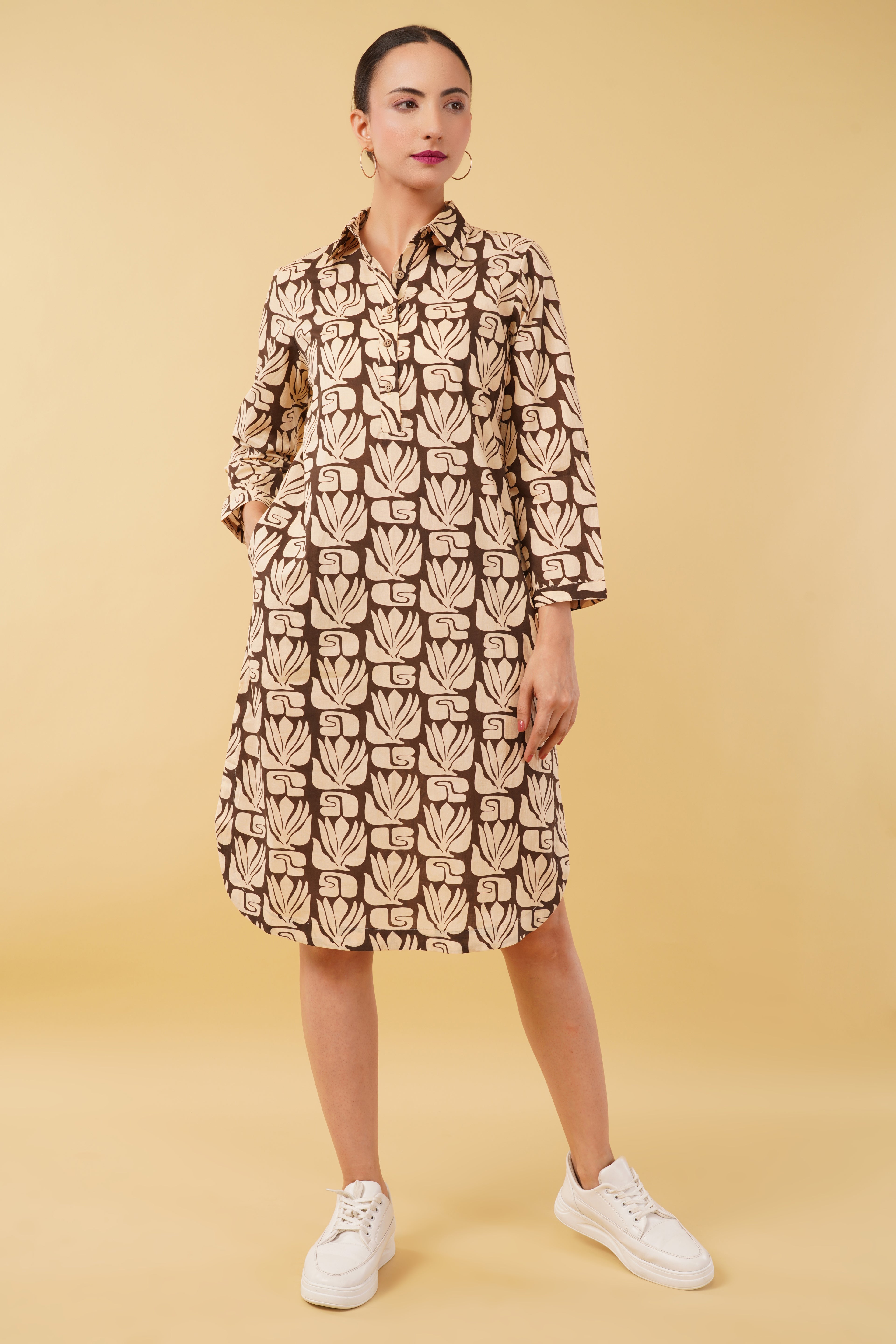 Beige Brown Printed Cotton Cambric Shirt Dress