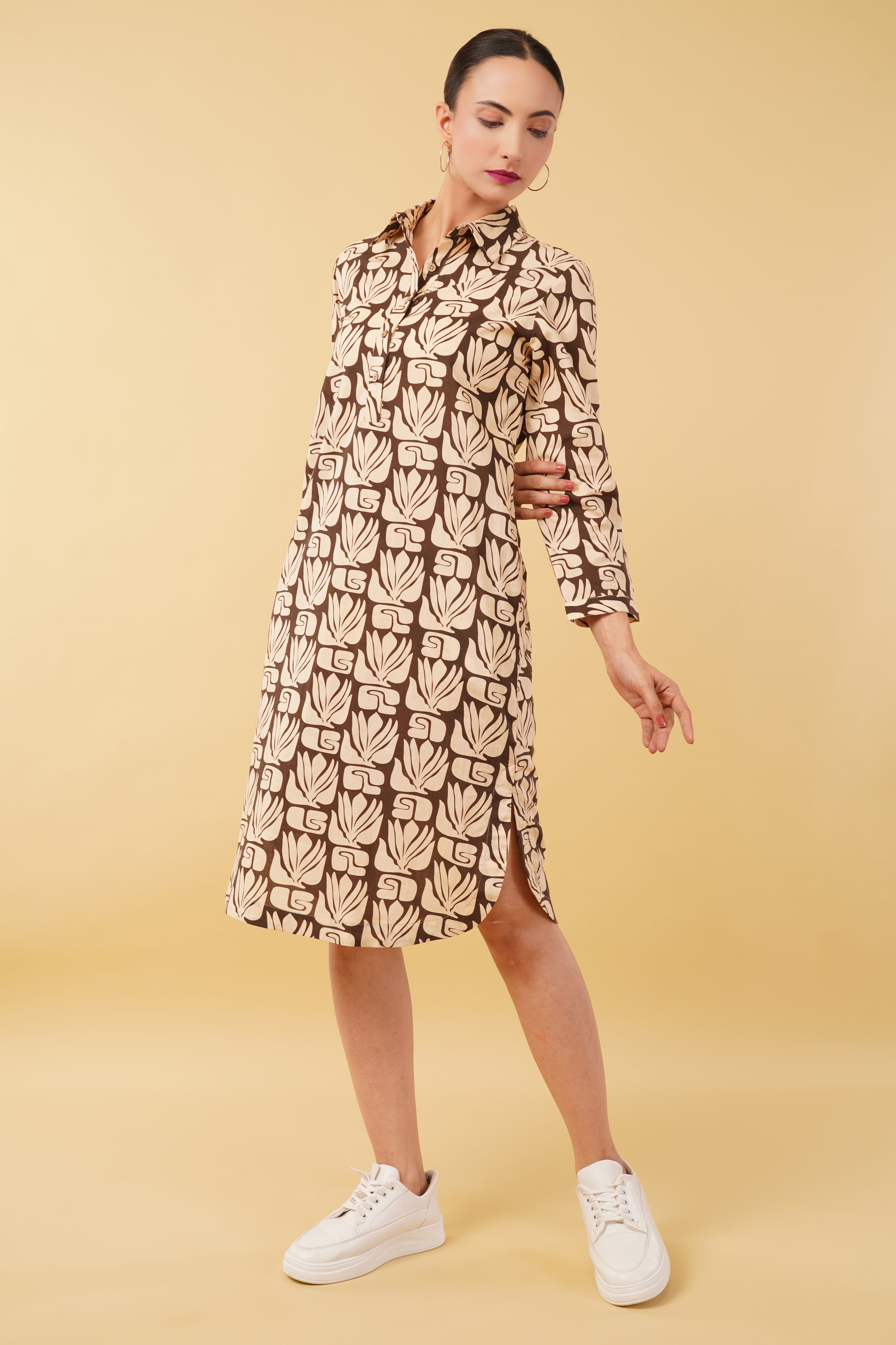 Beige Brown Printed Cotton Cambric Shirt Dress