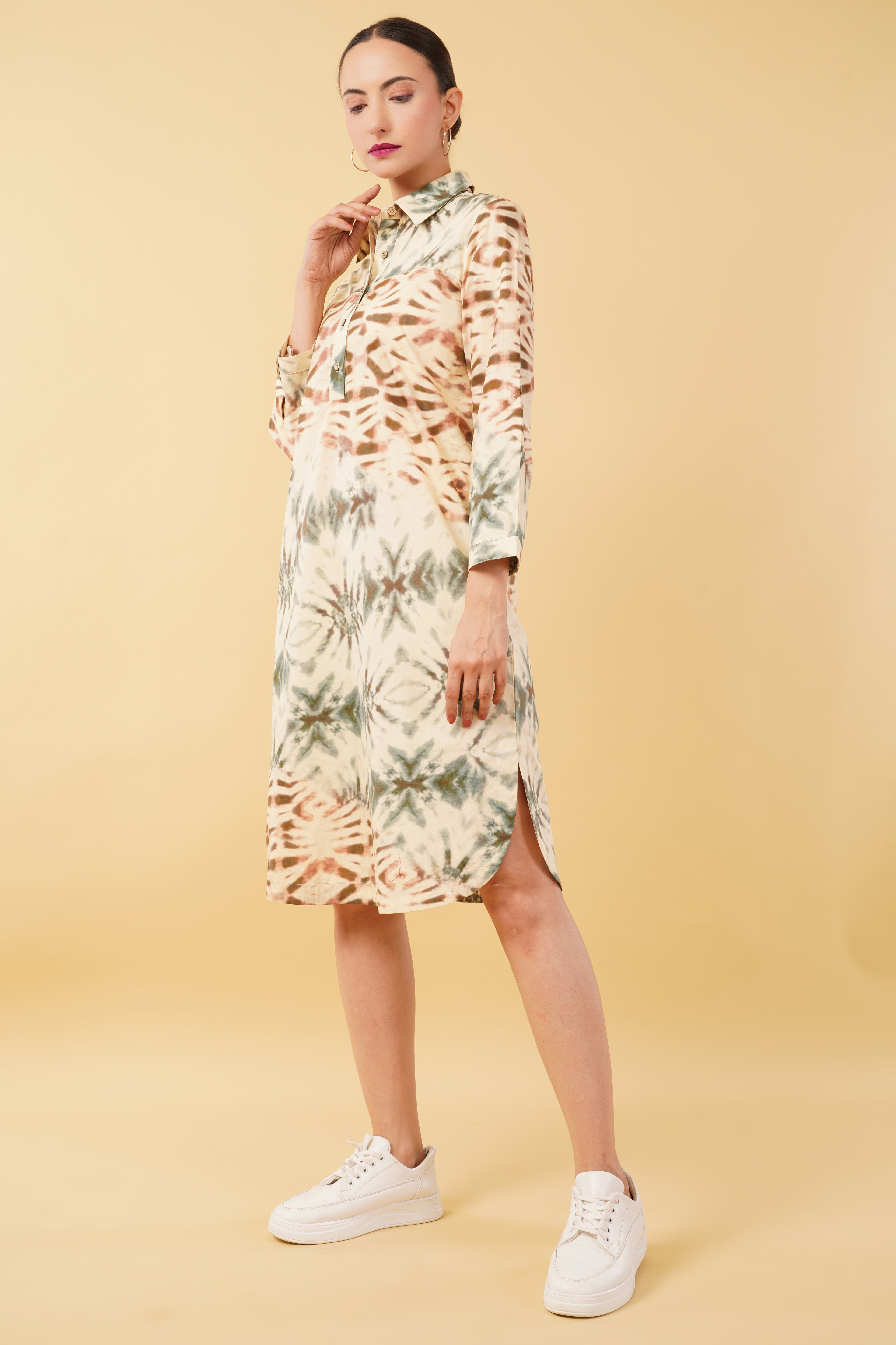 Brown Green Printed Cotton Poplin Shirt Dress