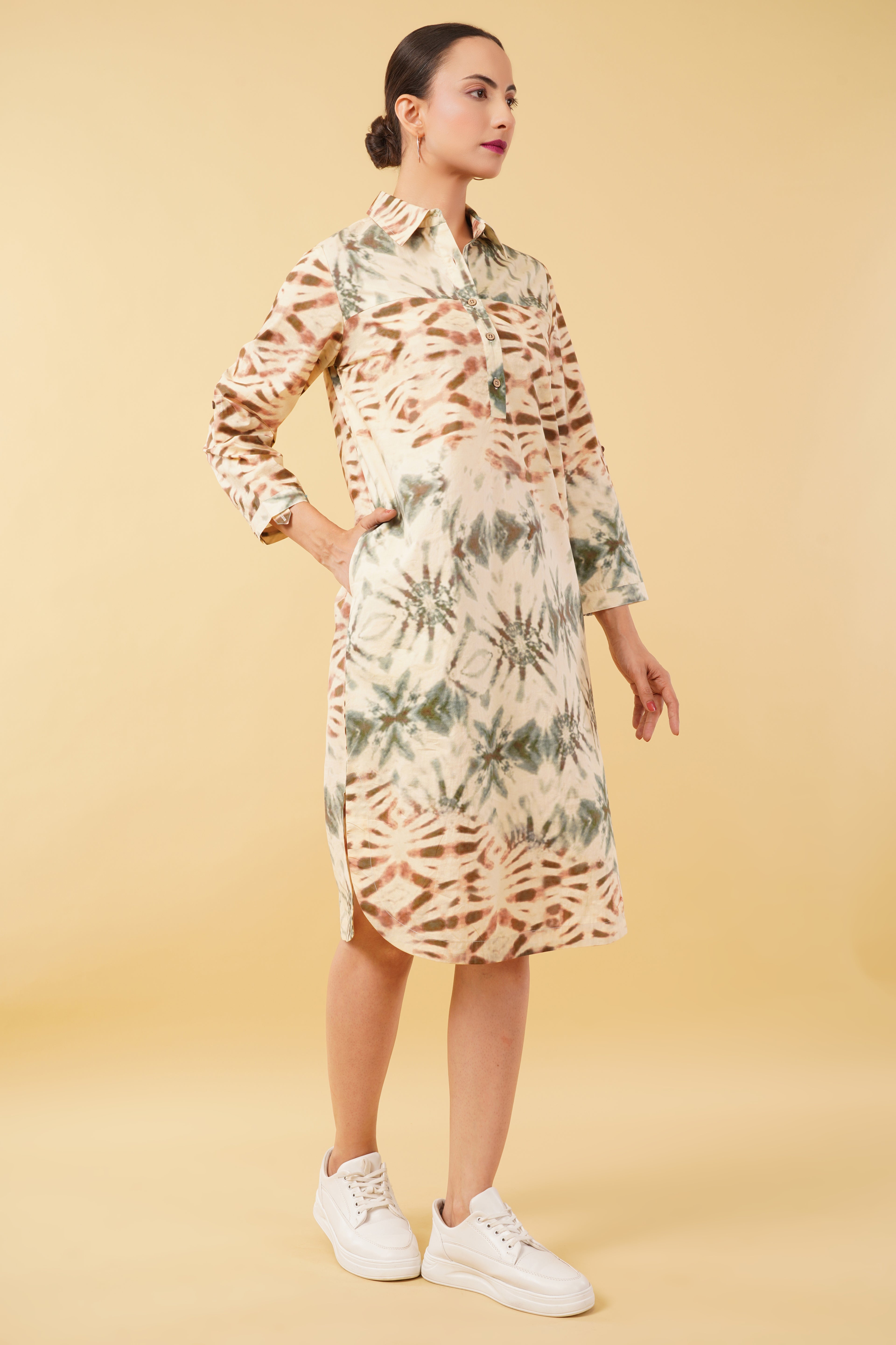 Brown Green Printed Cotton Poplin Shirt Dress