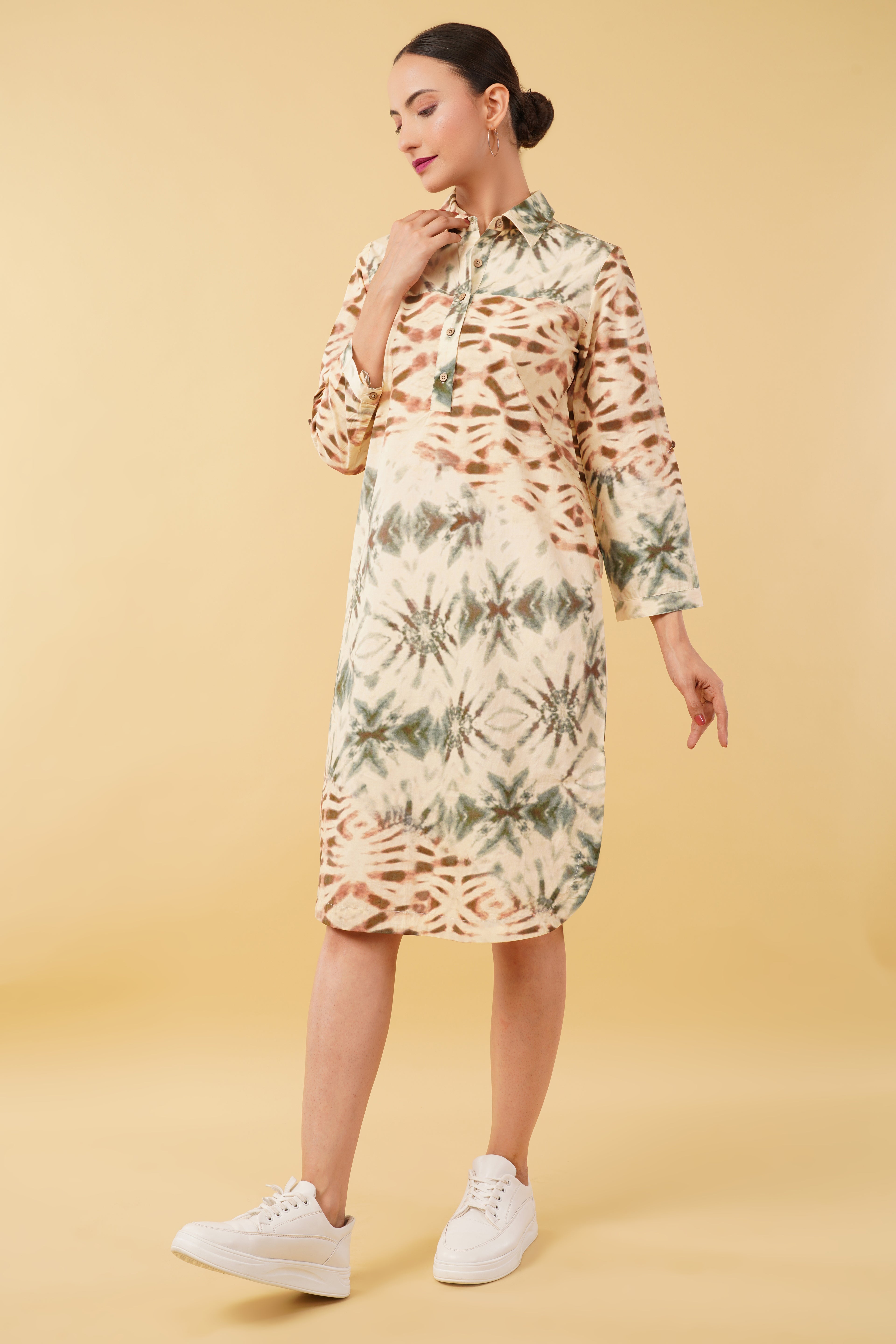 Brown Green Printed Cotton Poplin Shirt Dress