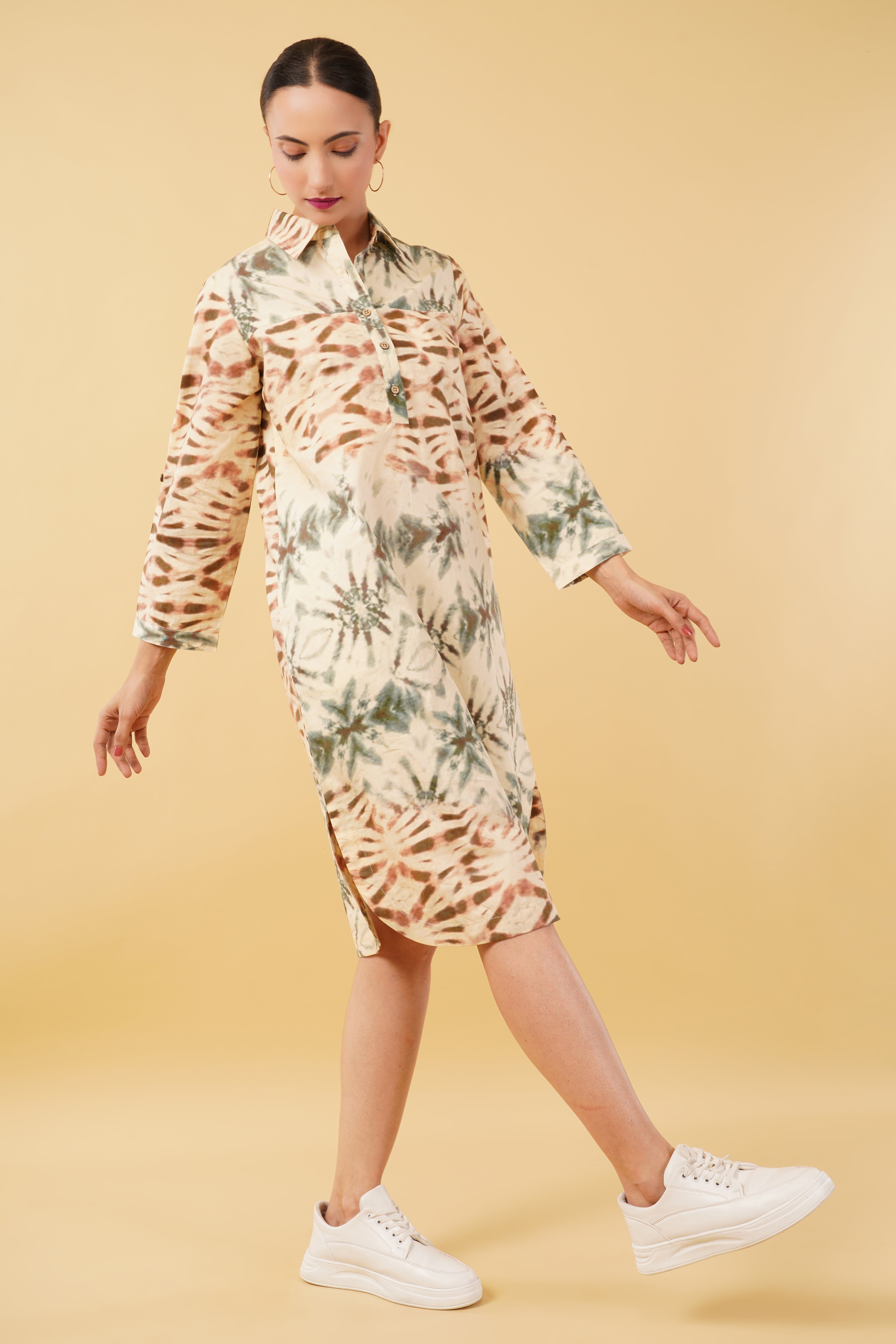 Brown Green Printed Cotton Poplin Shirt Dress