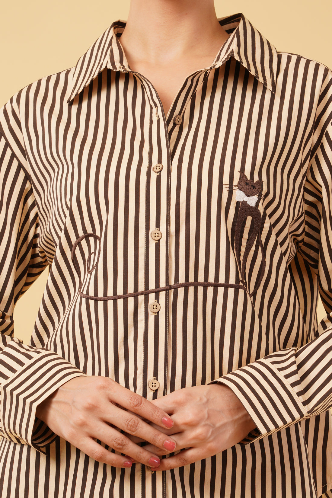 Brown Striped Printed Cotton Poplin Embroidered Oversize Shirt