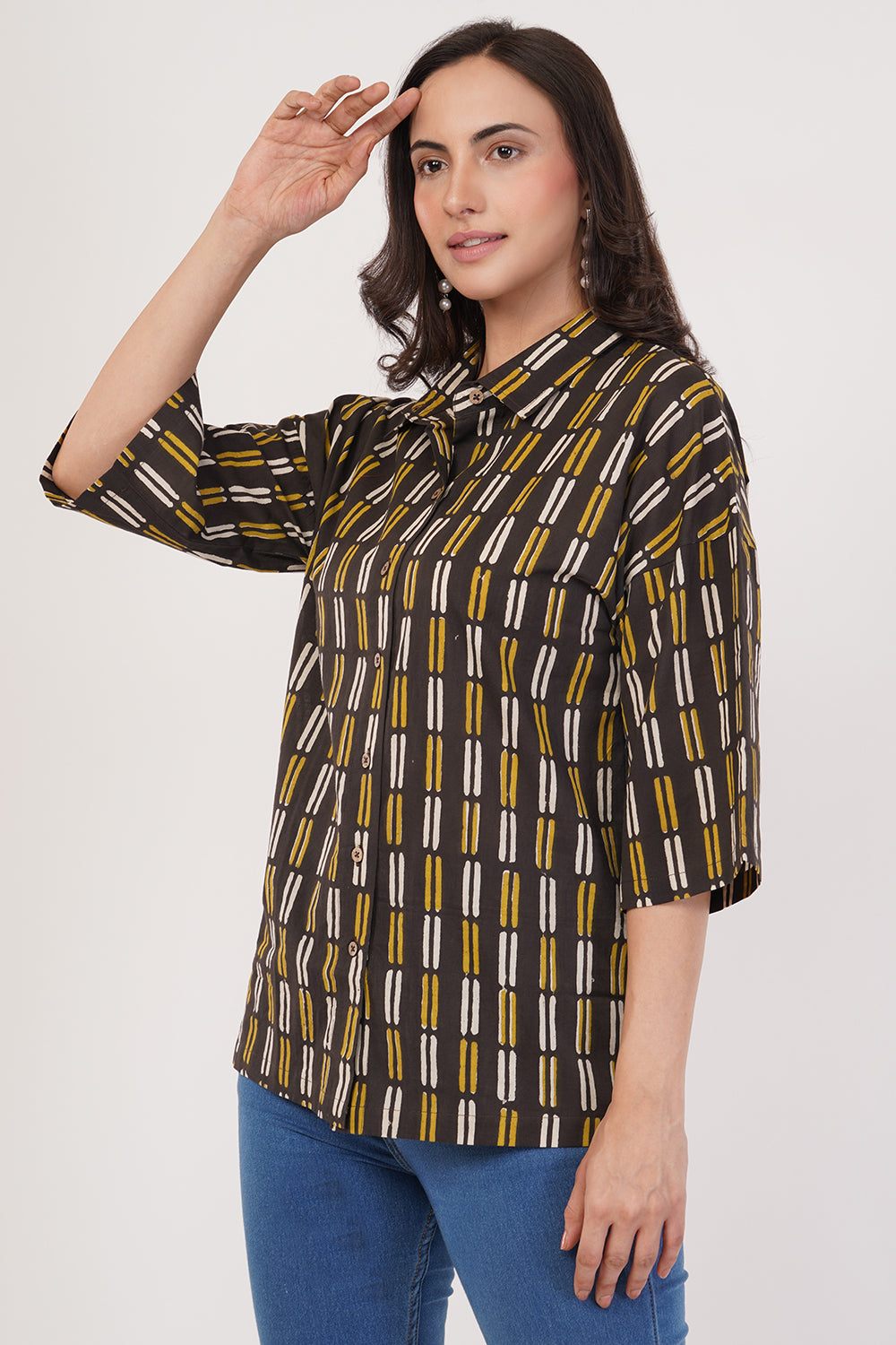 Block printing black yellow shirt