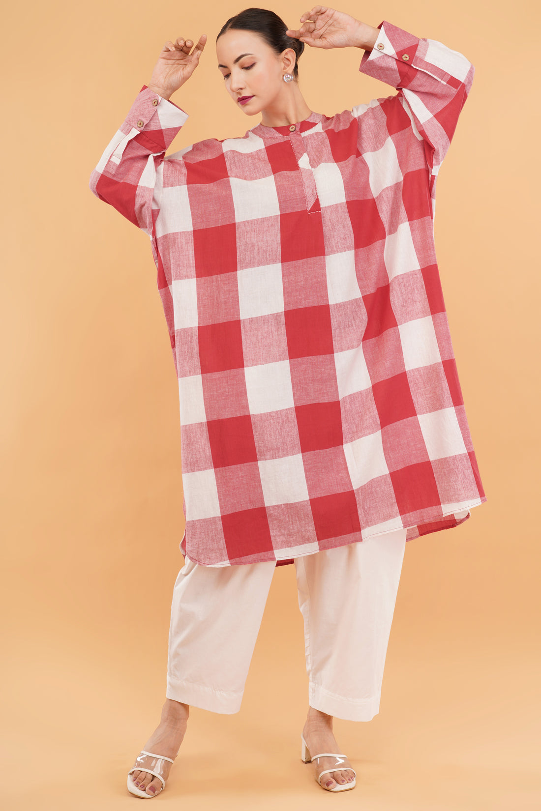 Red Check Cotton Handloom Kurta Set- set of 2