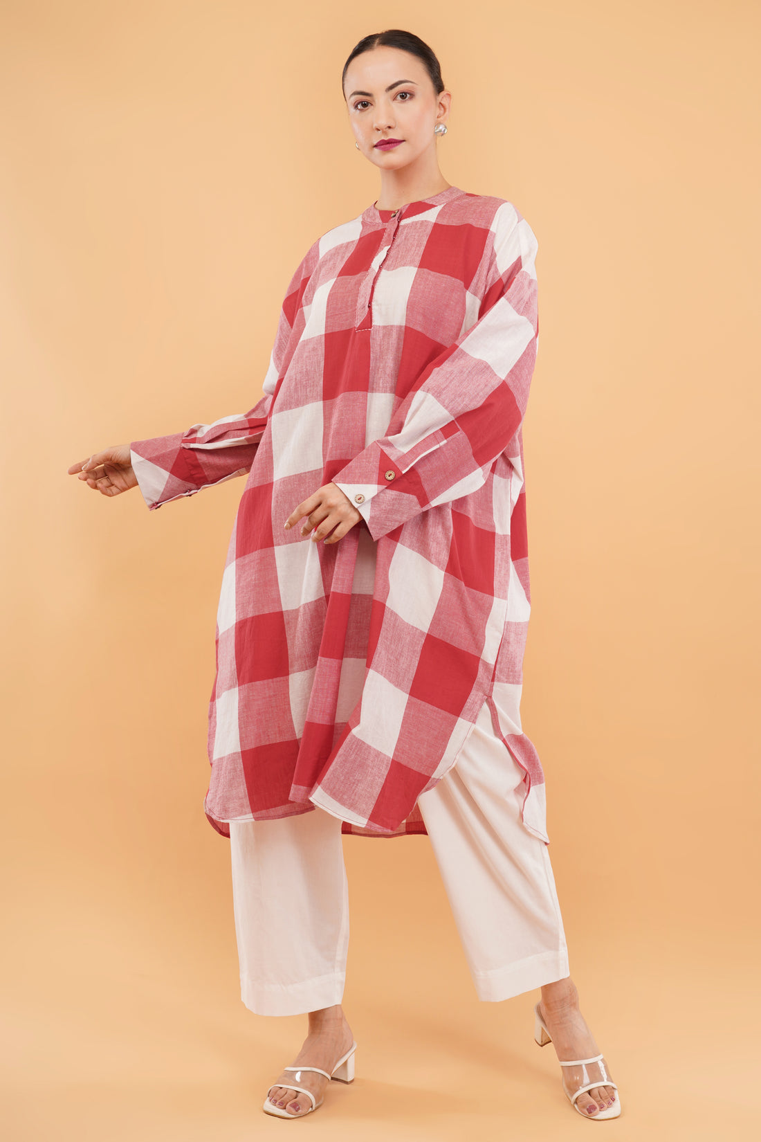 Red Check Cotton Handloom Kurta Set- set of 2