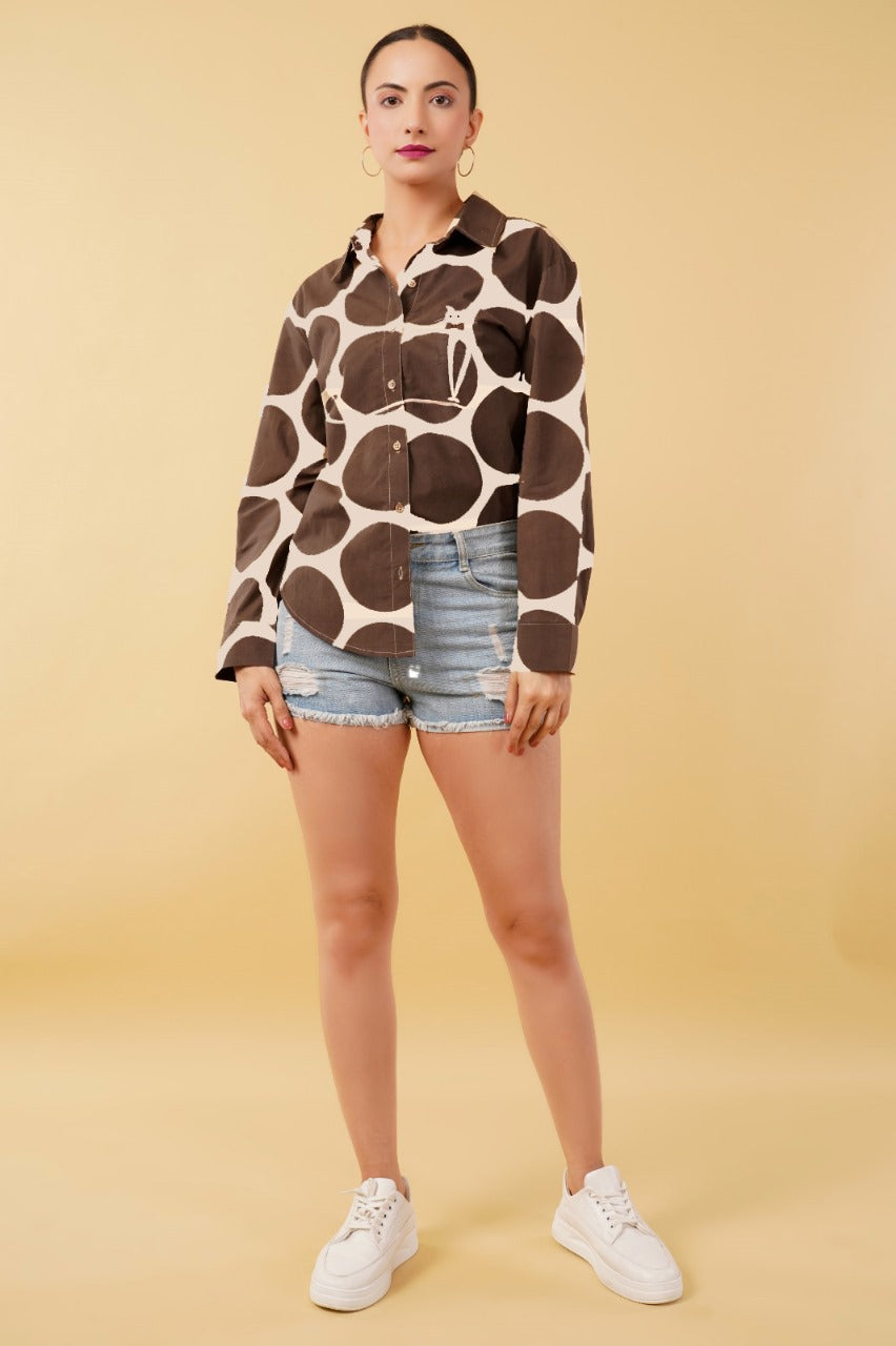 Brown Polka Dot Printed Cotton Poplin Embroidered Oversize Shirt