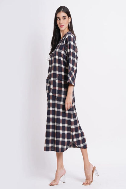 Blue Brown Check Cotton Long Dress