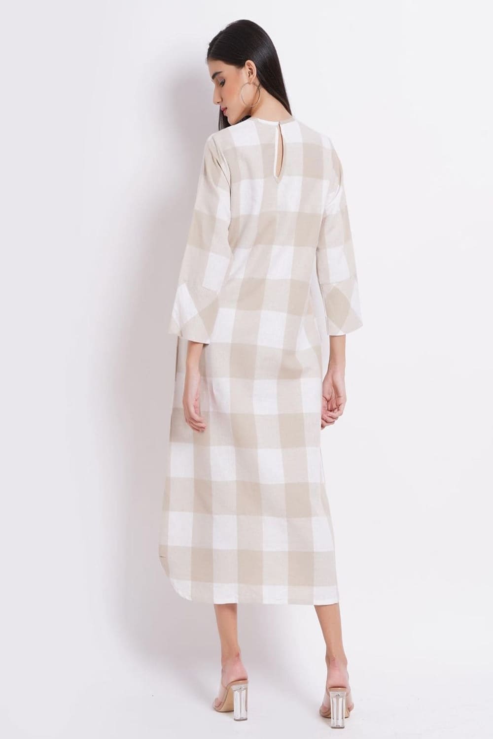 Beige Check Cotton Long Dress