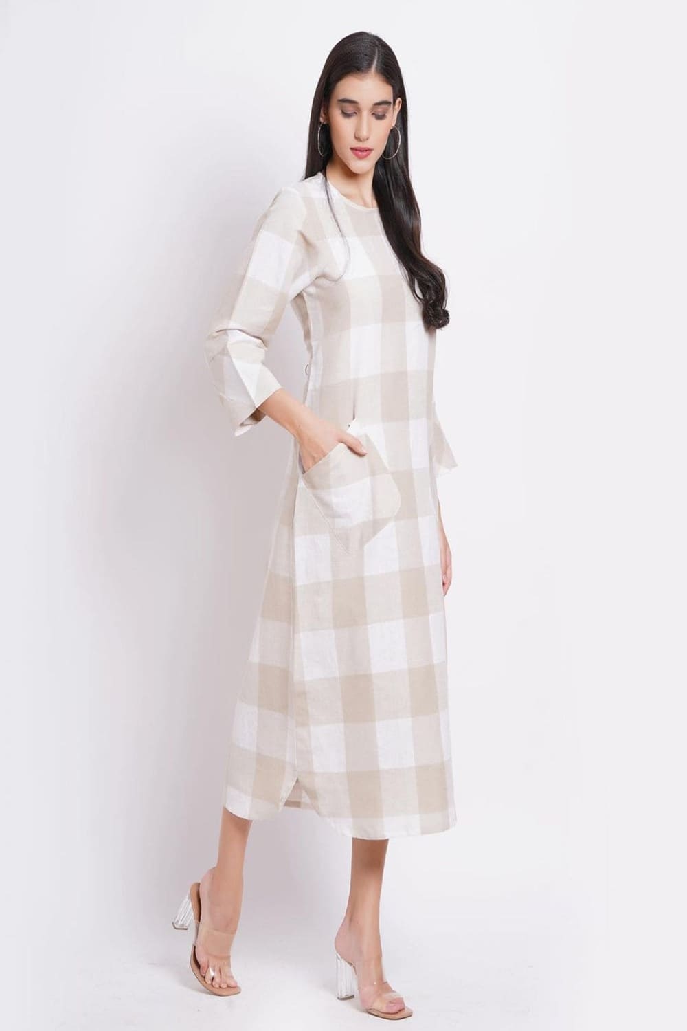 Beige Check Cotton Long Dress