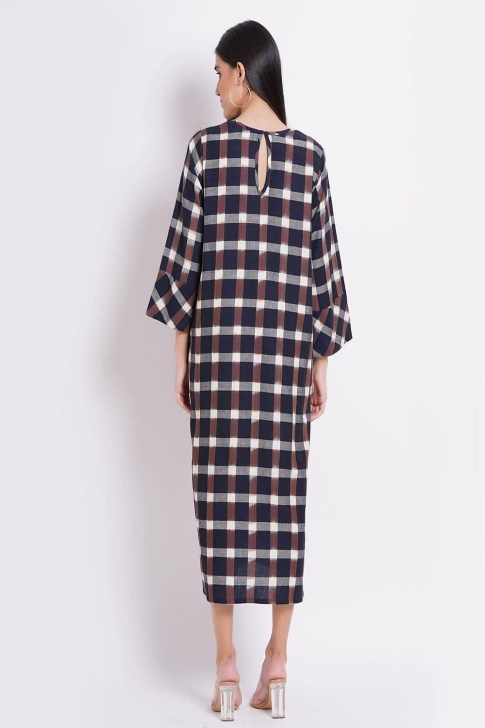 Blue Brown Check Cotton Long Dress