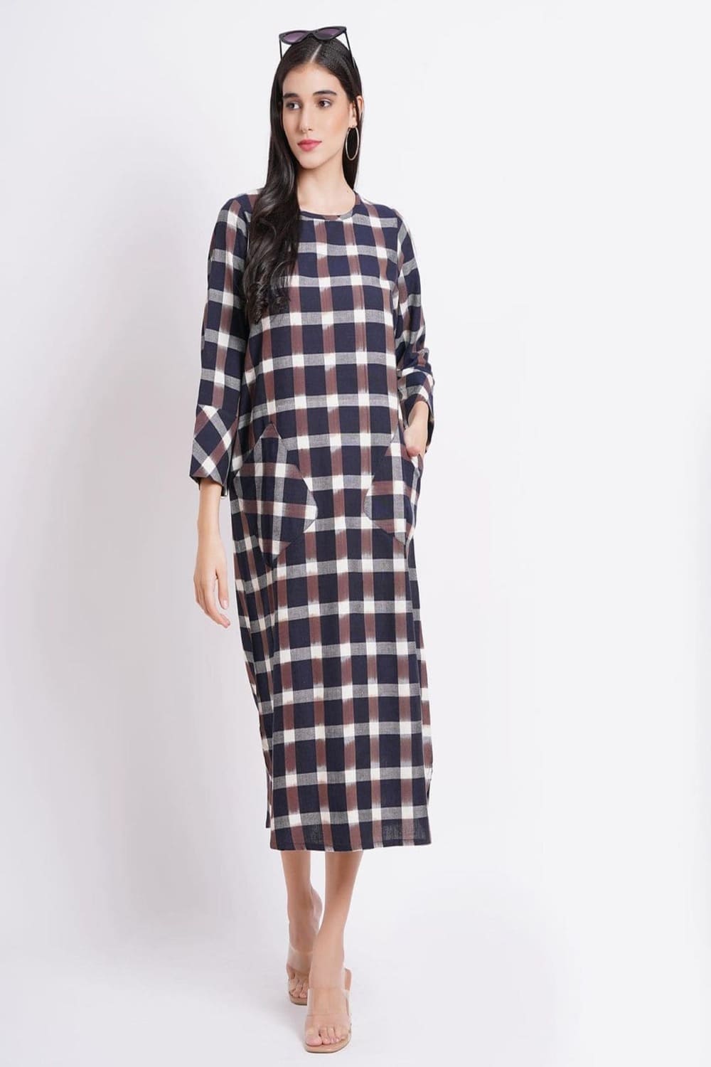 Blue Brown Check Cotton Long Dress