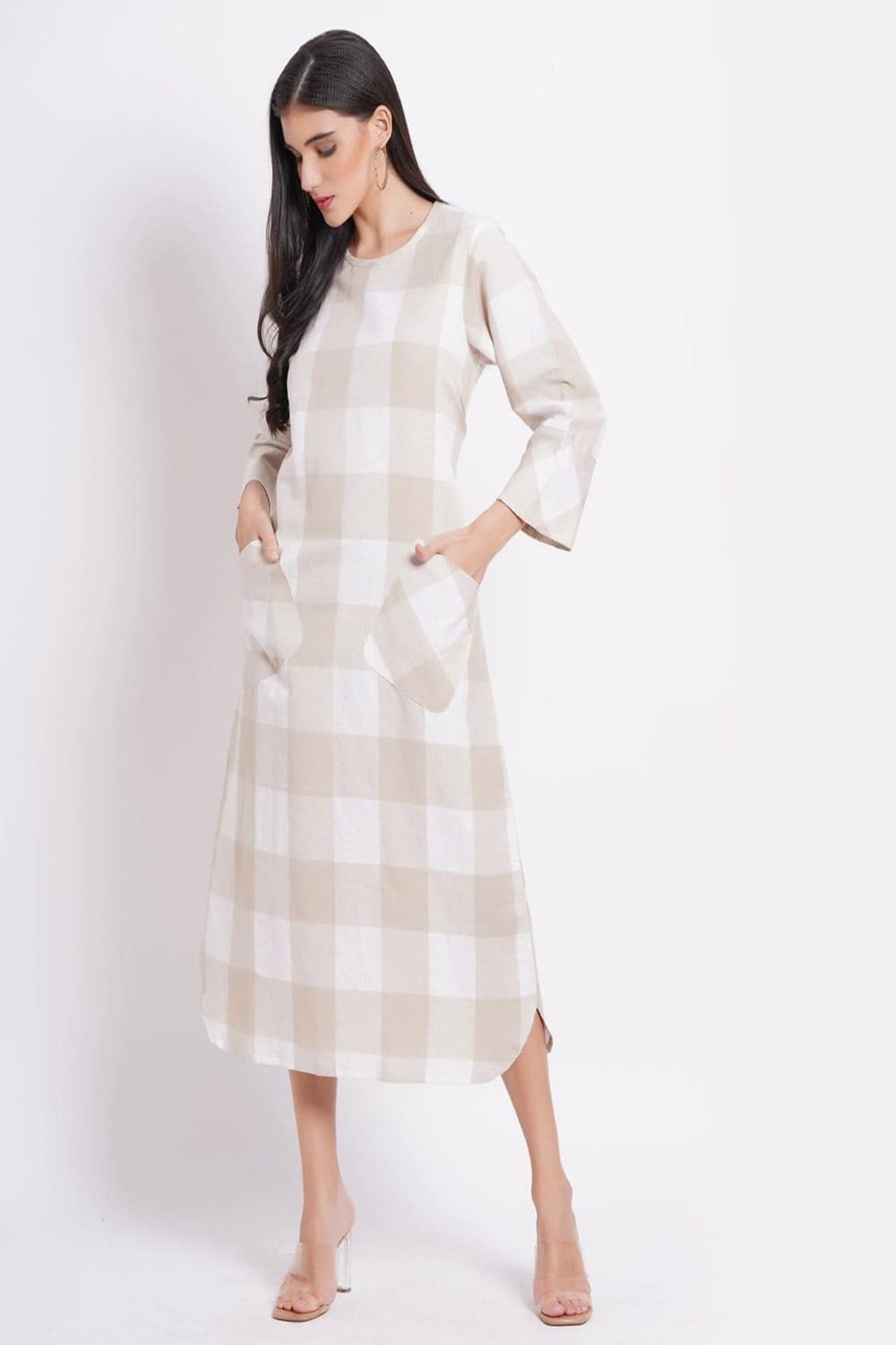 Beige Check Cotton Long Dress