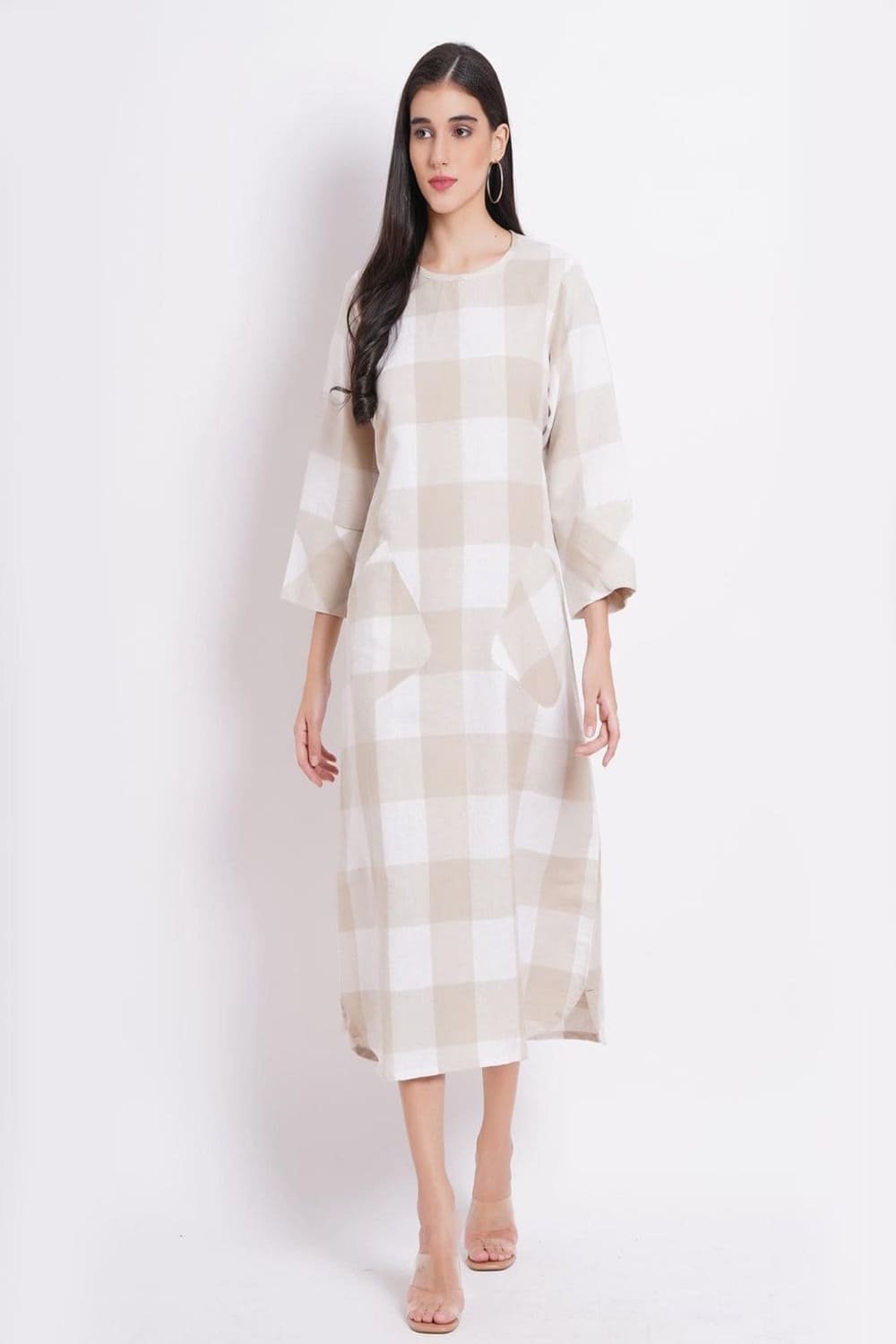 Beige Check Cotton Long Dress