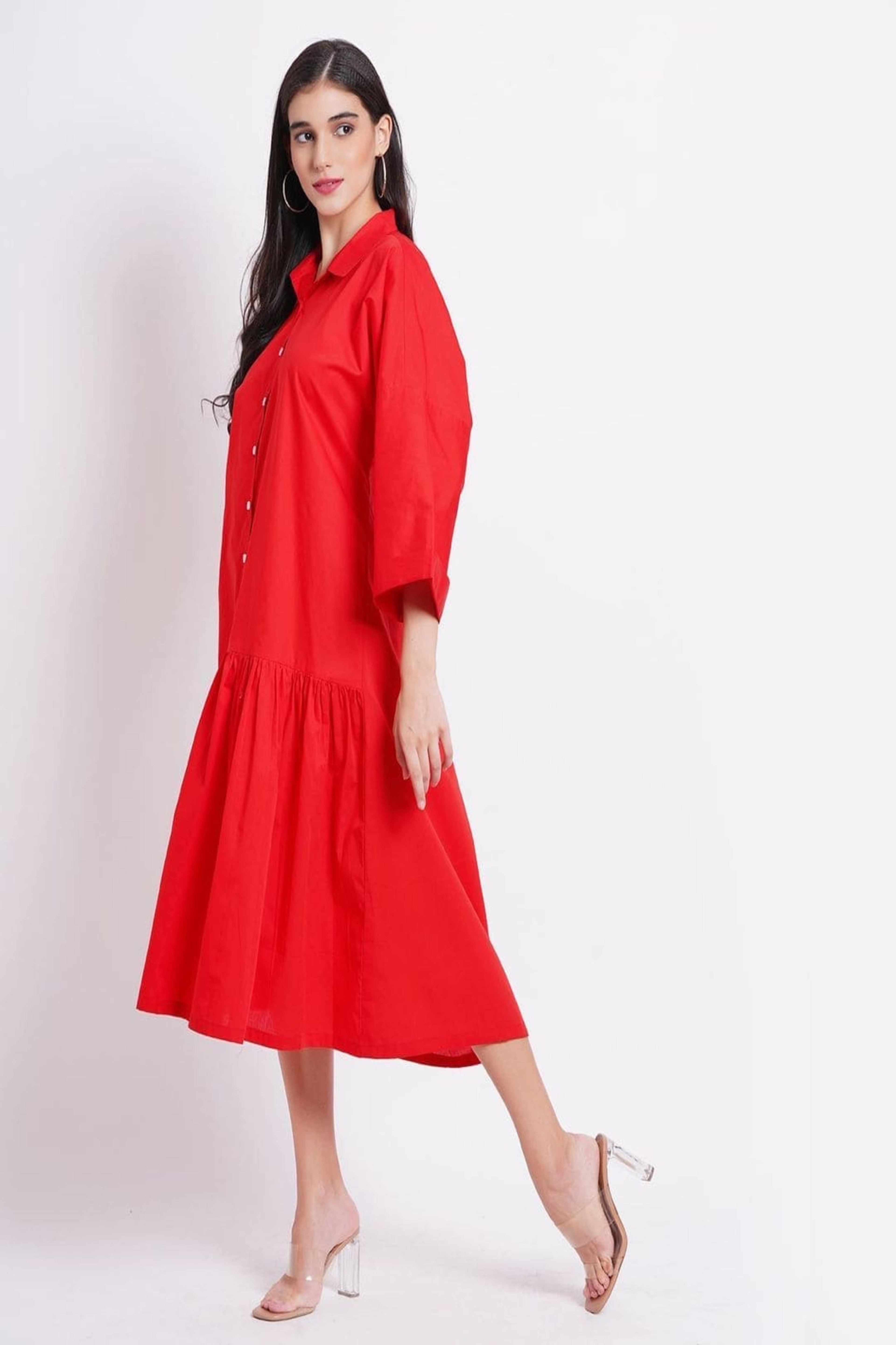 Solid Red Tier Shirt Dress