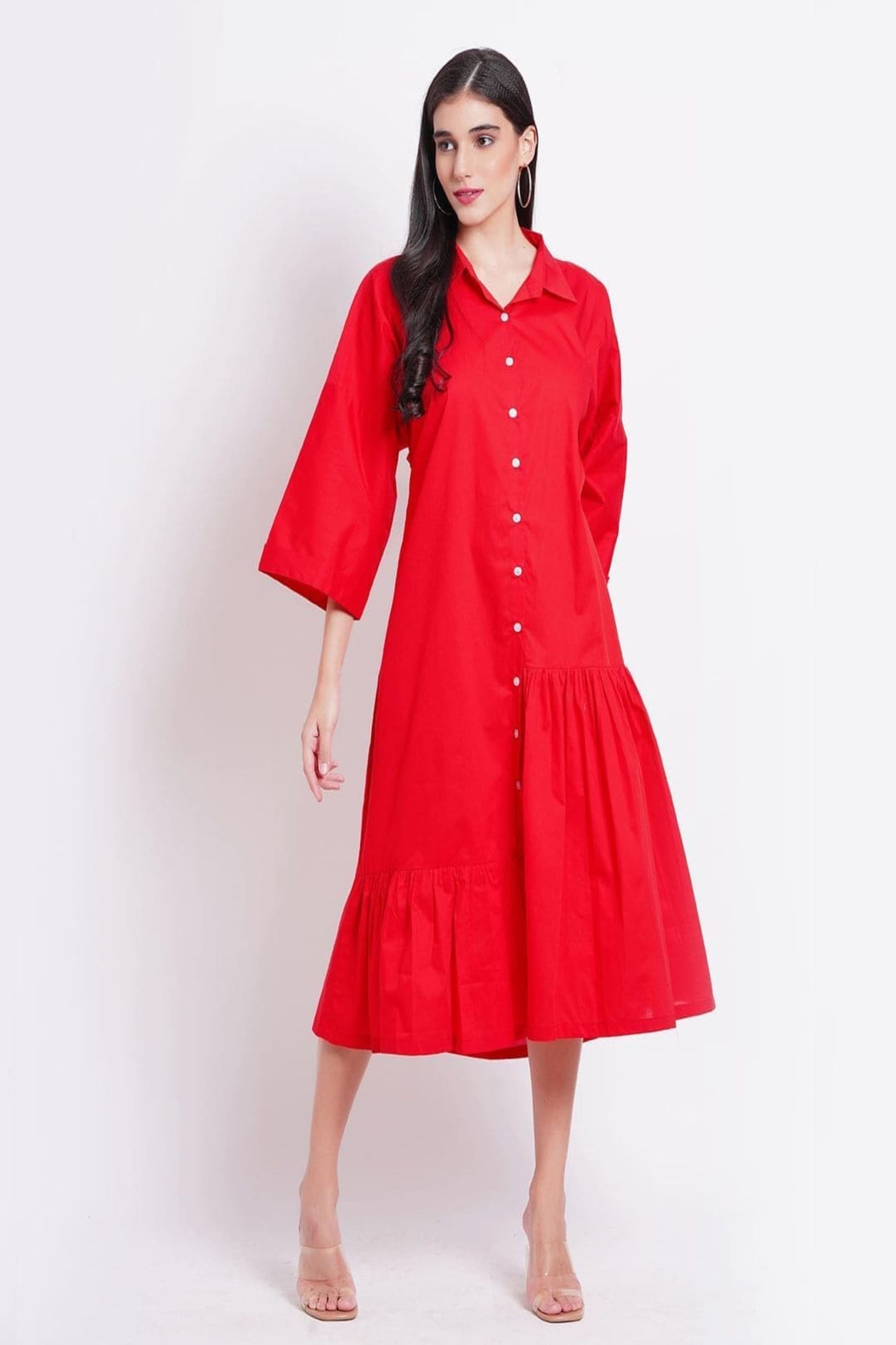 Solid Red Tier Shirt Dress