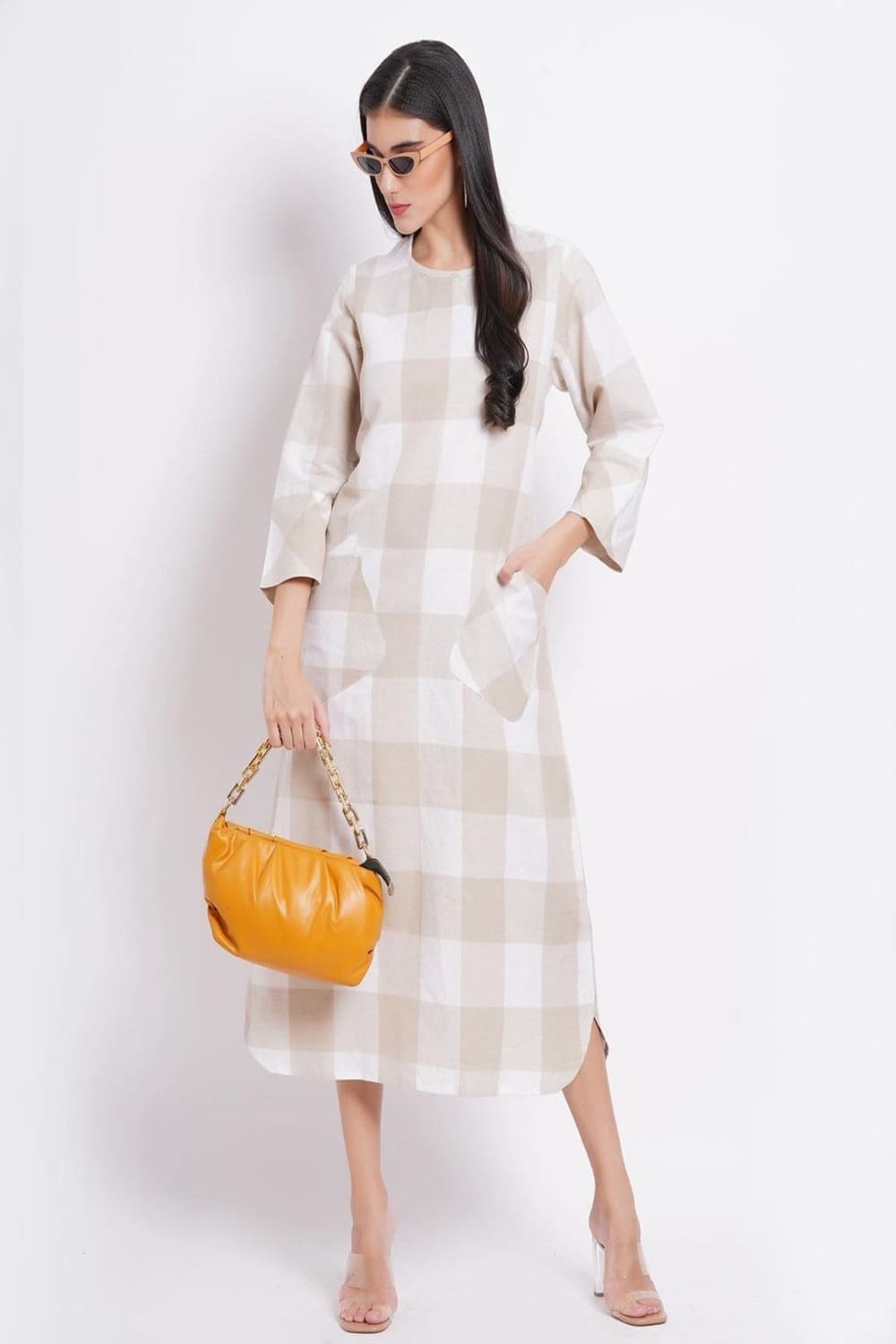 Beige Check Cotton Long Dress