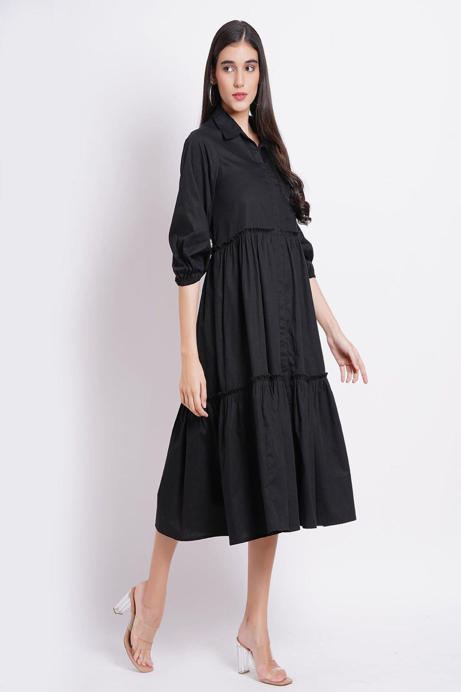 Solid Black Tier Shirt Dress