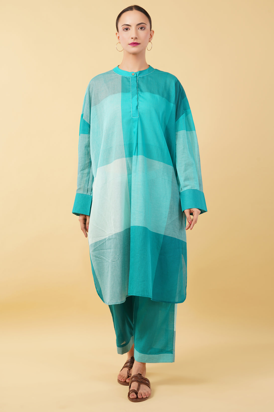 Teal Blue Checkered Cotton Cambric Kurta Set