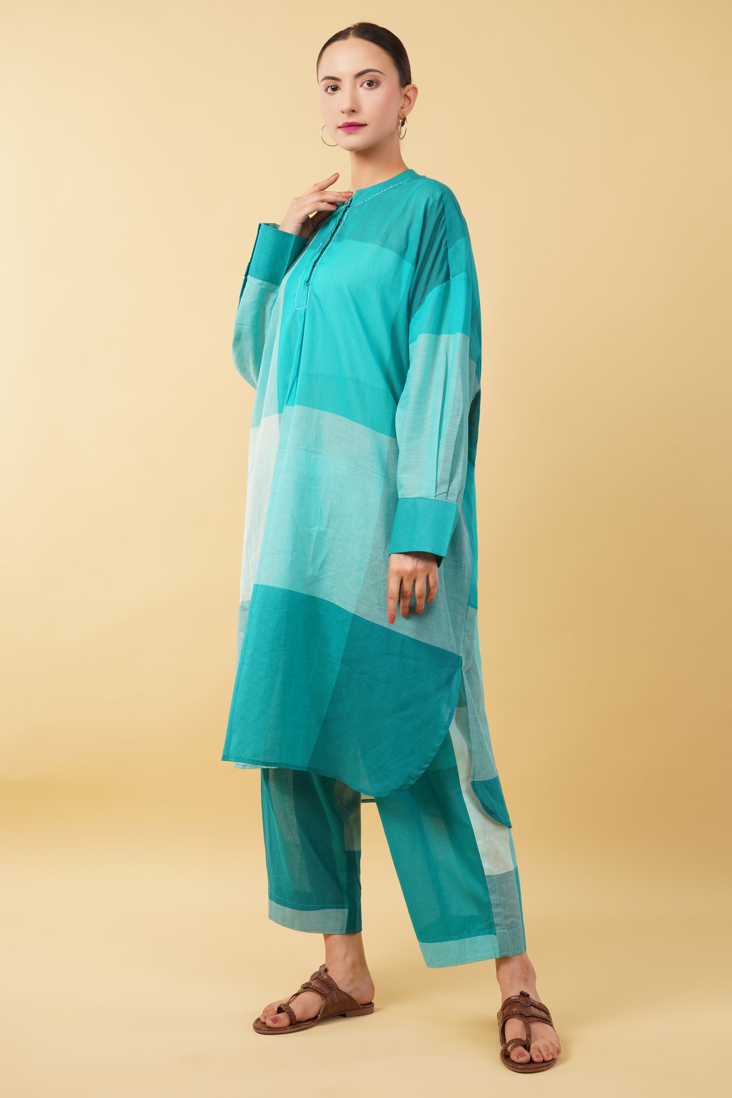 Teal Blue Checkered Cotton Cambric Kurta Set