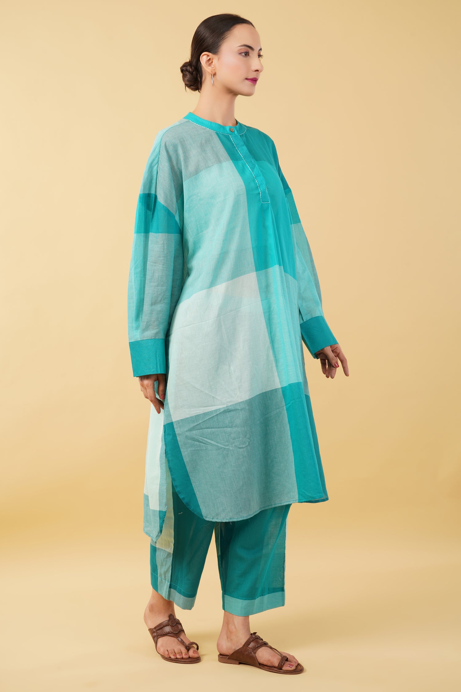 Teal Blue Checkered Cotton Cambric Kurta Set
