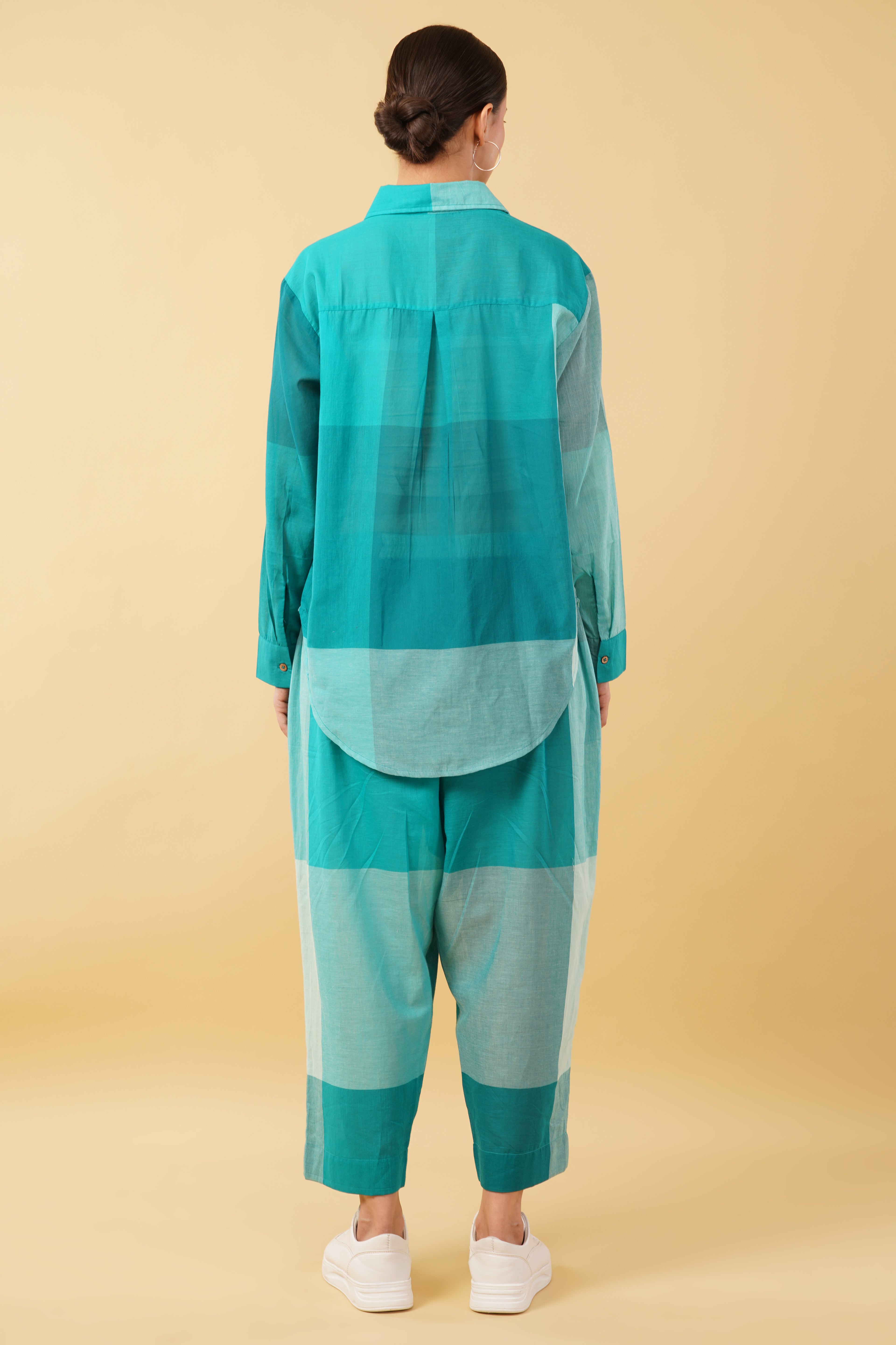 Teal Blue Checkered Cotton Cambric Oversize Shirt