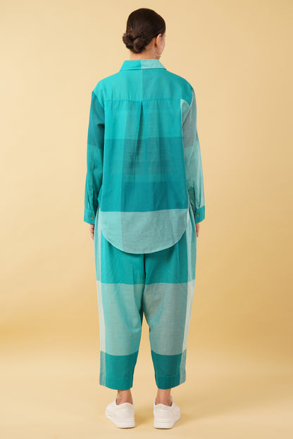 Teal Blue Checkered Cotton Cambric Oversize Shirt