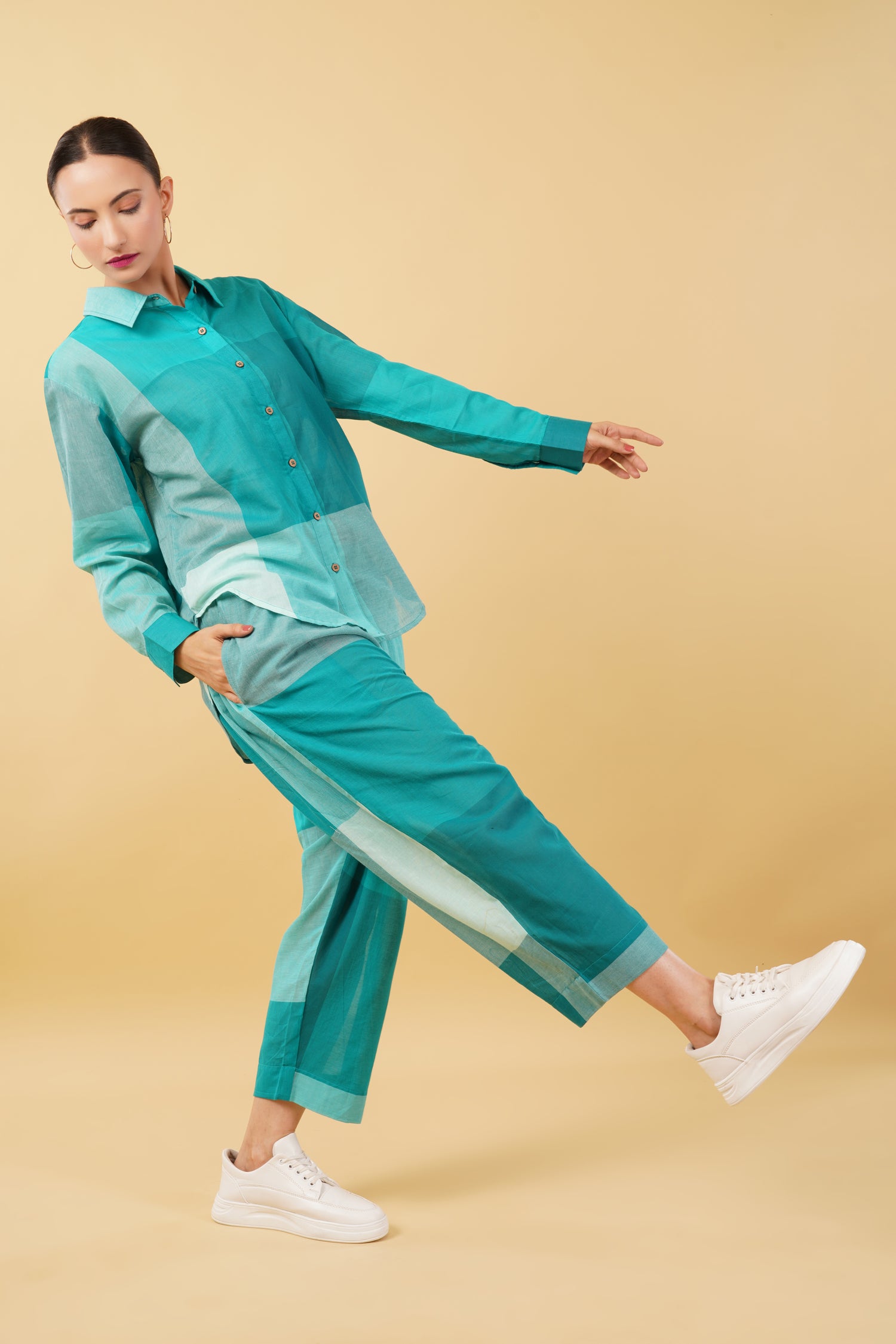 Teal Blue Checkered Cotton Cambric Oversize Shirt