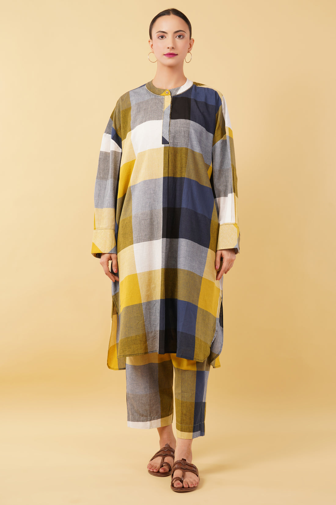 Multicolor Checkered Handloom Cotton Kurta with Pants - Set of 2