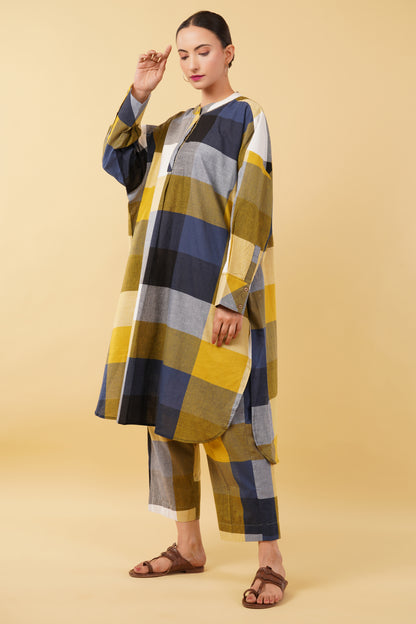 Multicolor Checkered Handloom Cotton Kurta with Pants - Set of 2