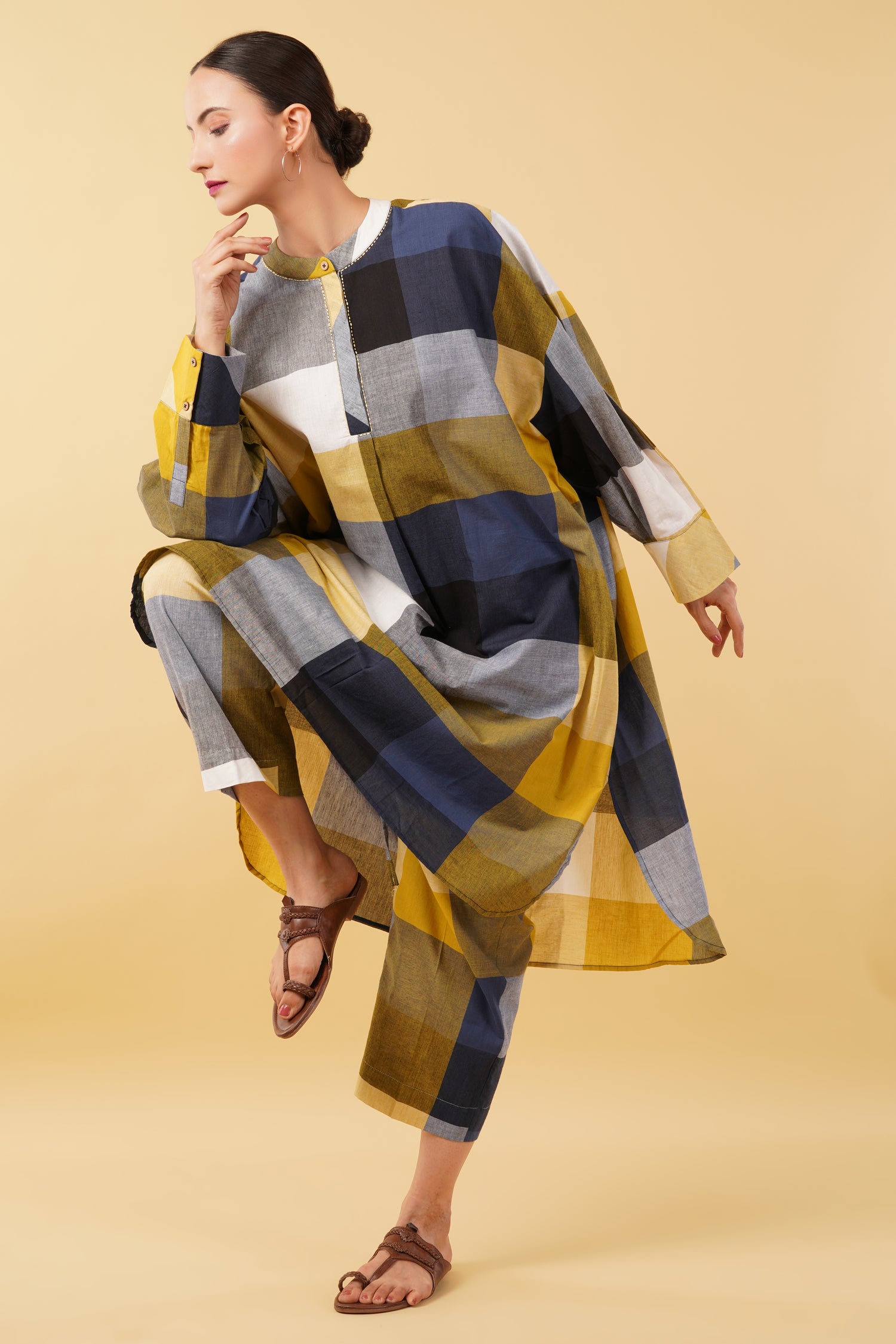 Multicolor Checkered Handloom Cotton Kurta with Pants - Set of 2