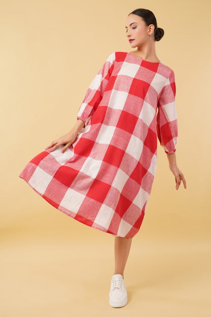 Red White Checkered Handloom Cotton Dress
