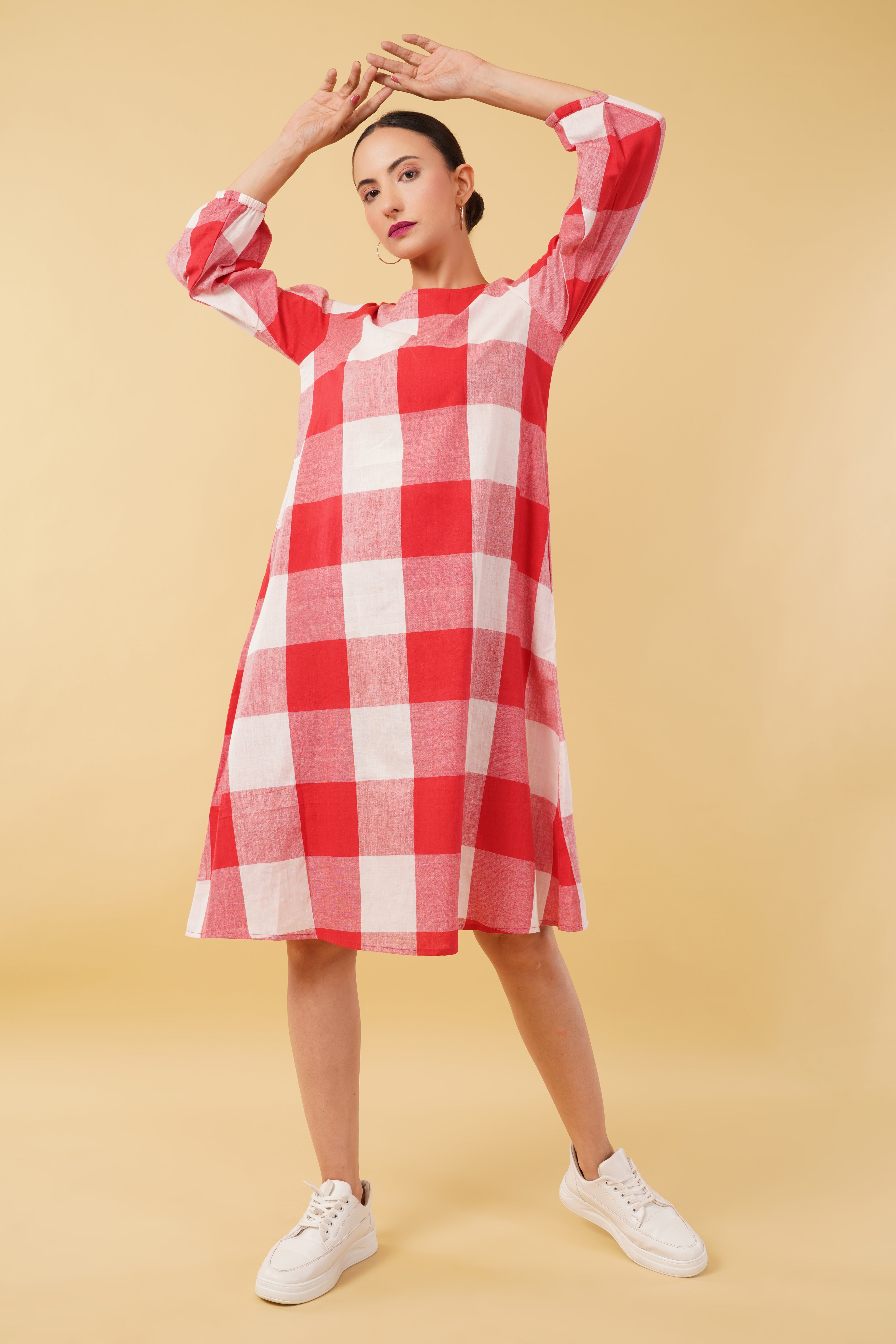 Red White Checkered Handloom Cotton Dress