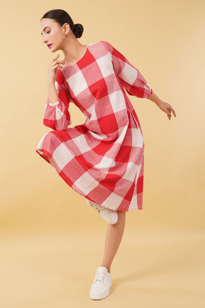 Red White Checkered Handloom Cotton Dress