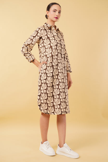 Beige Brown Printed Cotton Cambric Shirt Dress