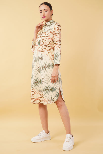 Brown Green Printed Cotton Poplin Shirt Dress