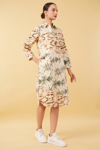 Brown Green Printed Cotton Poplin Shirt Dress