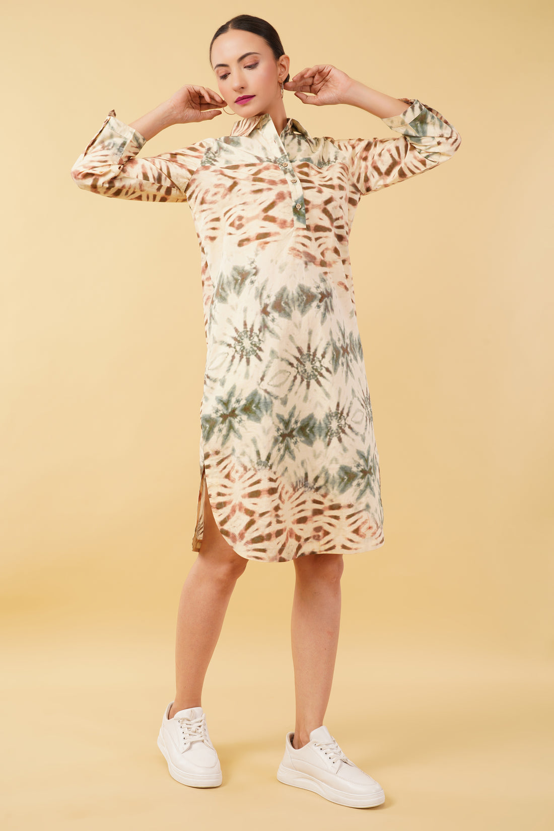 Brown Green Printed Cotton Poplin Shirt Dress