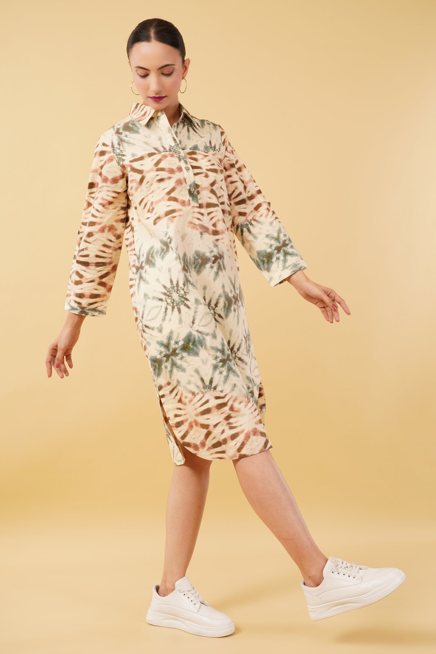Brown Green Printed Cotton Poplin Shirt Dress