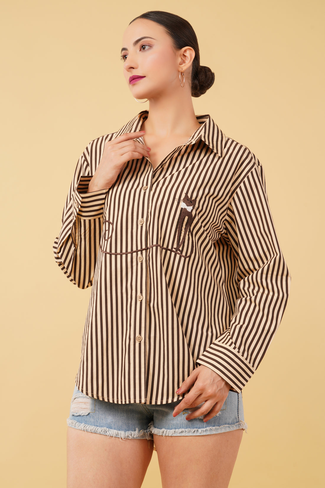 Brown Striped Printed Cotton Poplin Embroidered Oversize Shirt
