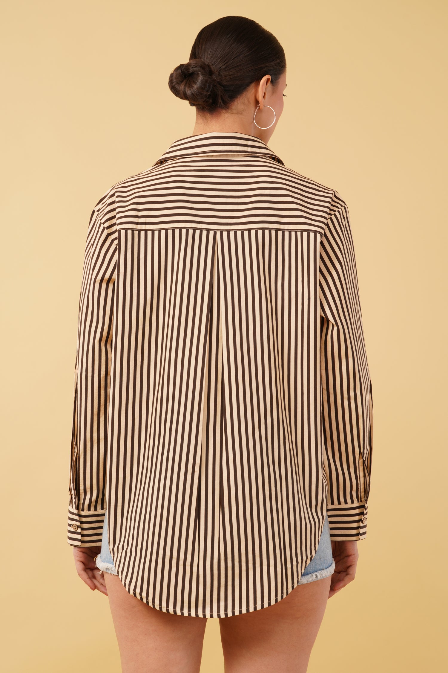 Brown Striped Printed Cotton Poplin Embroidered Oversize Shirt