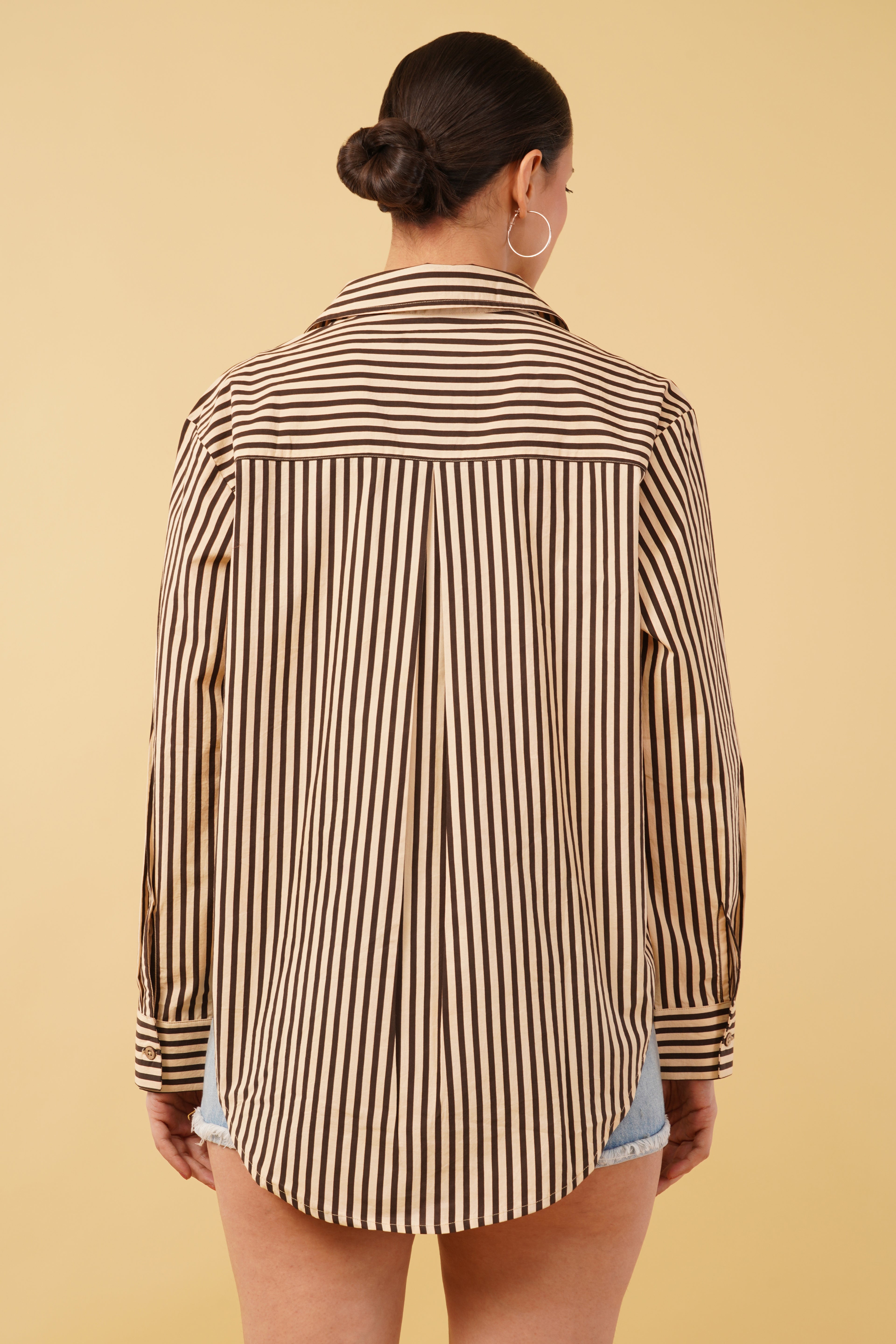 Brown Striped Printed Cotton Poplin Embroidered Oversize Shirt