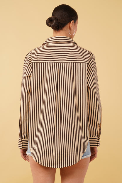 Brown Striped Printed Cotton Poplin Embroidered Oversize Shirt