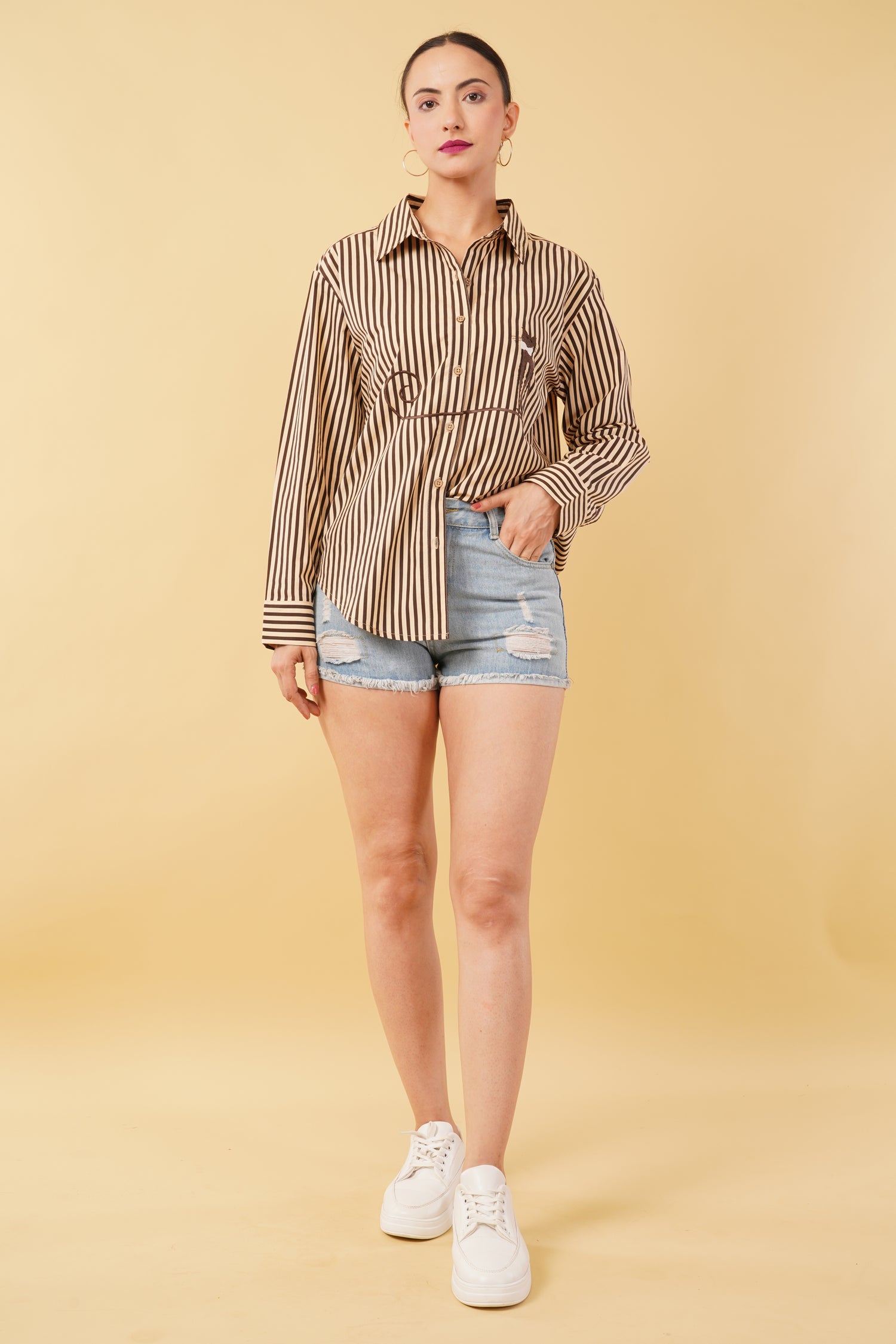 Brown Striped Printed Cotton Poplin Embroidered Oversize Shirt